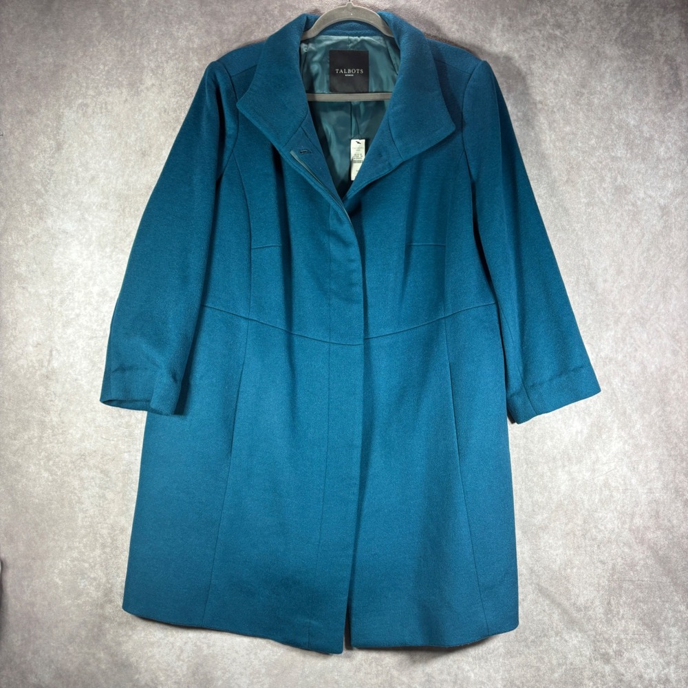 Talbots Coat Women 14W Teal Blue Wool Blend Long Sleeve Lined Button Front NEW